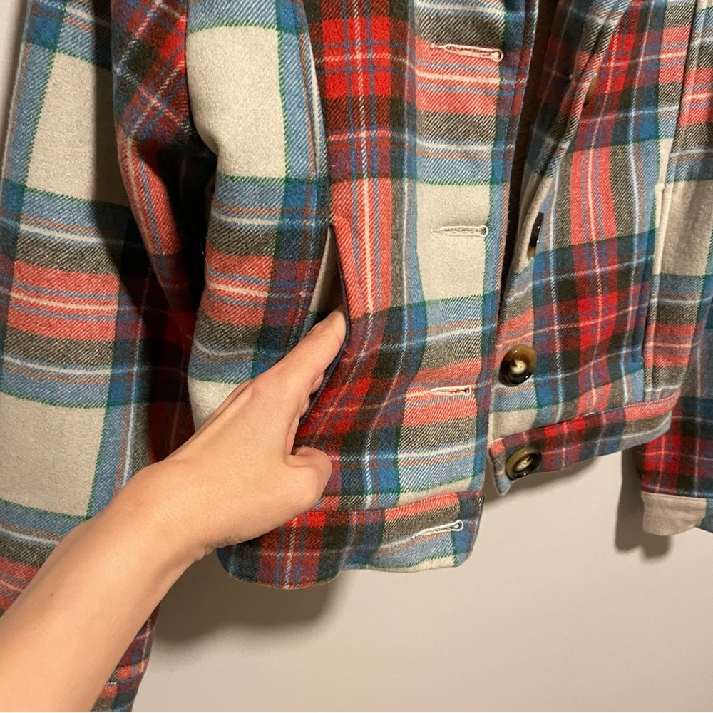 Entrophe Studios Plaid Sherpa Lined Bomber Jacket in Red, Blue and Cream - Picture 5 of 6